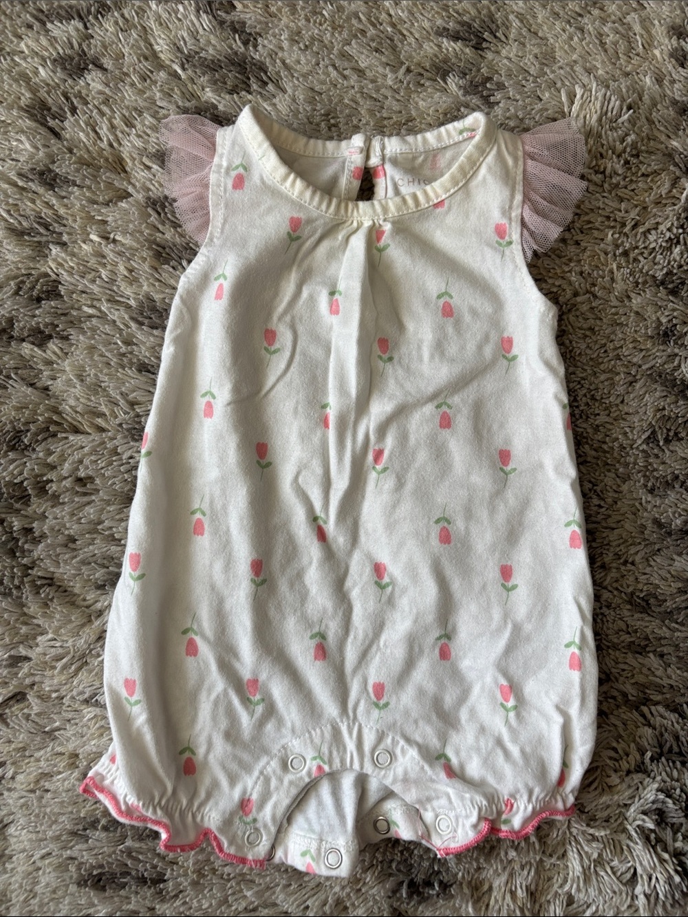 chick pea White Baby Girls Tulip Print One-Piece Bodysuit with Pink Trim